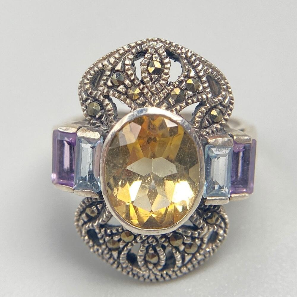 HSN CL 925 Sterling Silver Citrine Blue Topaz Amethyst Marcasite Ring Size 6